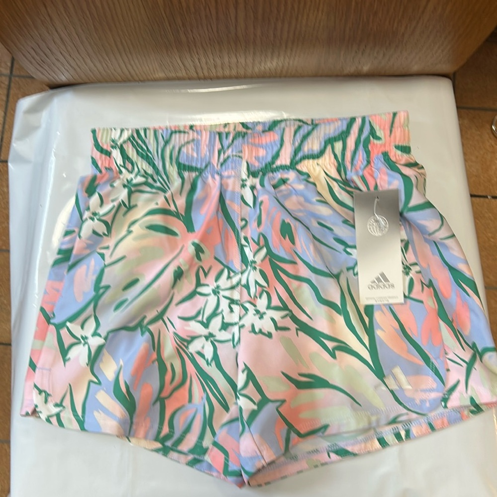 NWT Adidas Girl's Multicolor Pastel Floral Print Lined Athletic Shorts.
